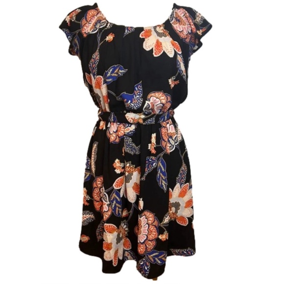 Lauren Conrad Summer Floral Black Dress Belted Bow Tie Up Size Small - Picture 1 of 13